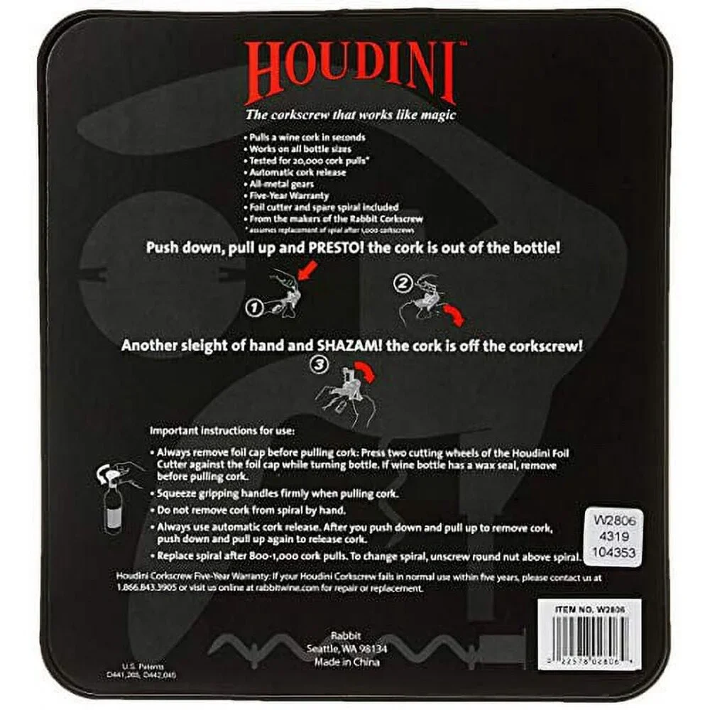 Houdini Lever Corkscrew with Foil Cutter and Extra Spiral (Silver)